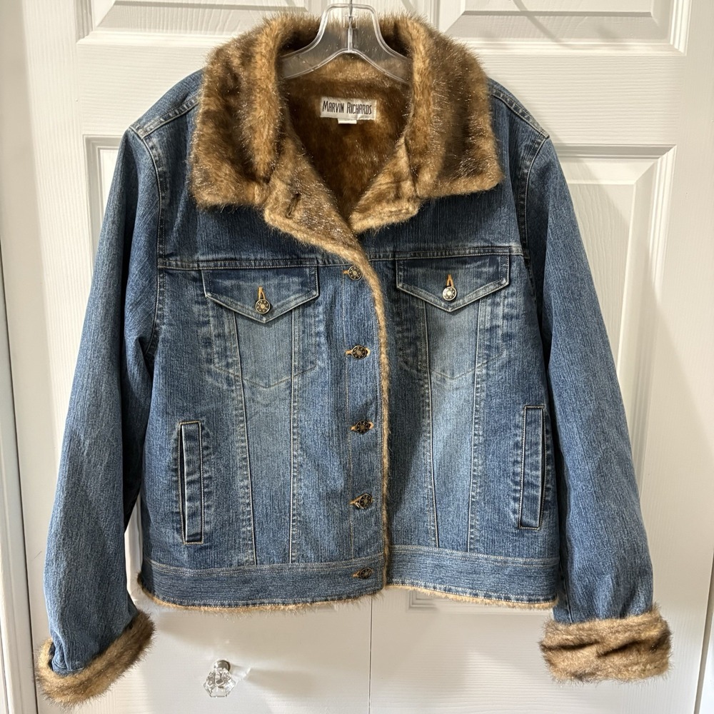 Vtg Marvin Richards Faux Fur Lined WINTER Denium Jean Jacket size XL Retro Chic